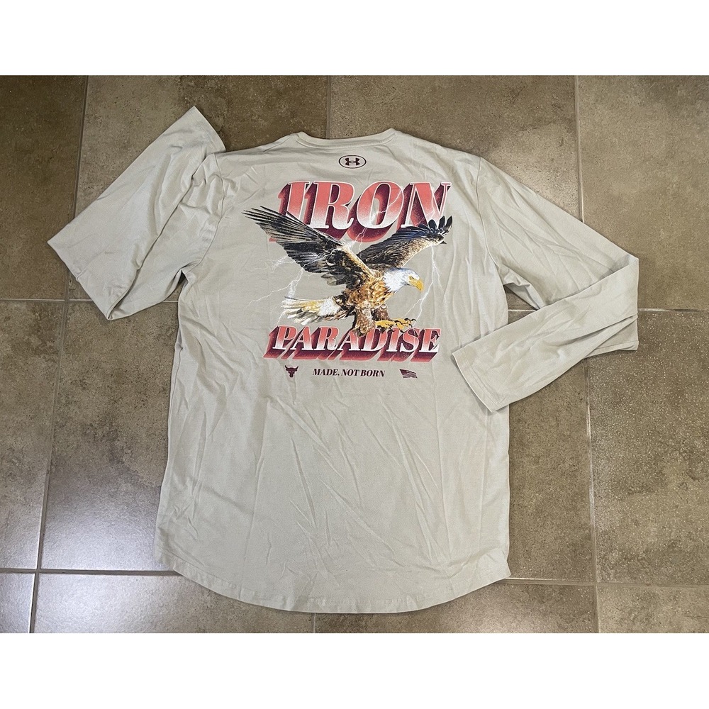 Under Armour Mens Sz XL Project Rock Iron Paradise Eagle Long Sleeve T-Shirt Tan